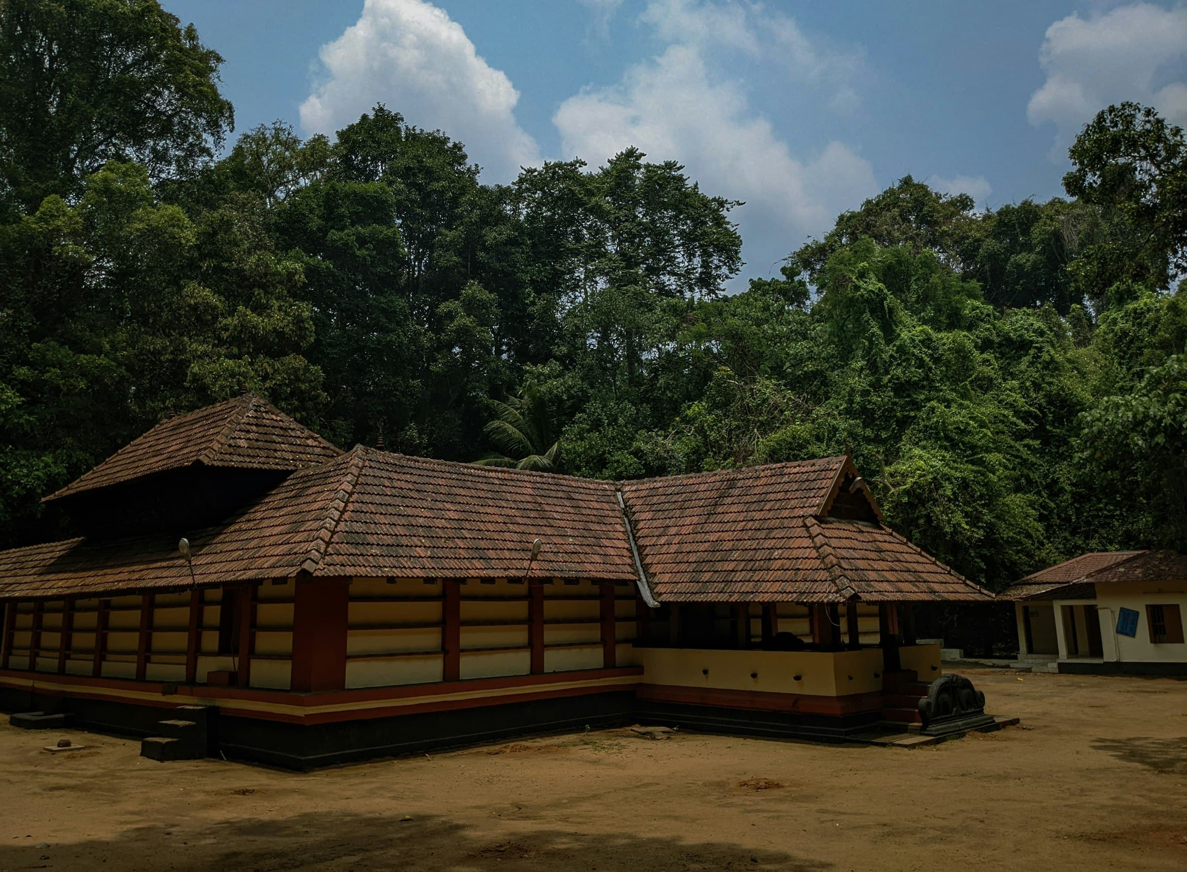 A traditional tiled-roof house among coconut palms
